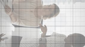 Animation of red graph processing over diverse female colleagues talking at casual office. Business, data, teamwork, network, digital interface and global communication, digitally generated video. - Powered by Shutterstock - Get 15% off with code: PIKWIZARD15