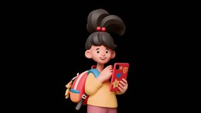 3d animation portrait of stylized excited asian child girl, casual fashion clothes, yellow pullover, red school backpack holds digital tablet in hand, colorful stickers on case, transparent background - Powered by Shutterstock - Get 15% off with code: PIKWIZARD15