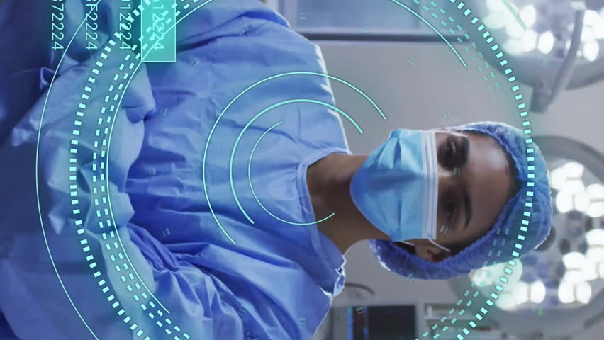 Animation of scope scanning and data processing over female surgeon in operating theatre. Global medicine, healthcare, computing and digital interface concept digitally generated video. - Powered by Shutterstock - Get 15% off with code: PIKWIZARD15
