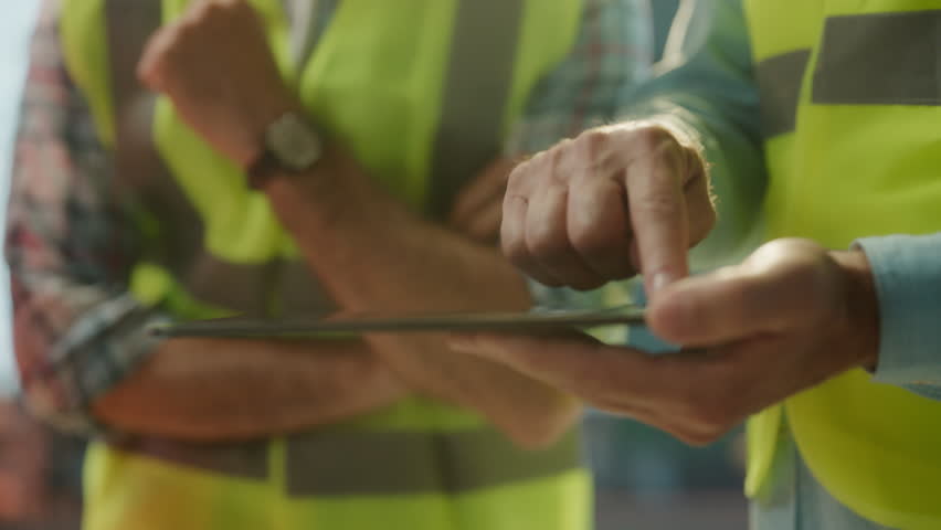 Professional engineers collaborating and analyzing project details using digital tablet at active construction site, wearing safety vest while discussing industrial development plans