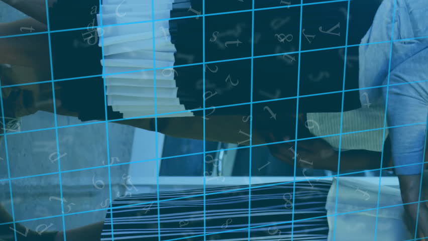 Fingerprint and data grid animation over diverse team collaborating in office. Technology, teamwork, digital, collaboration, innovation, connectivity - Powered by Shutterstock - Get 15% off with code: PIKWIZARD15