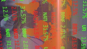 Animation of stock market data overlaying business person in office with world map. Finance, economics, digital, investment, corporate, analytics - Powered by Shutterstock - Get 15% off with code: PIKWIZARD15