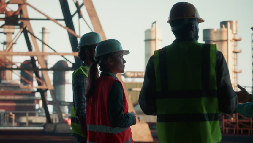 Team of engineers wearing safety gear monitors progress at an industrial refinery construction site