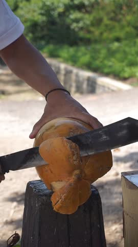 Close-up of a man cutting open a fresh young coconut with a machete, showing traditional preparation in tropical settings