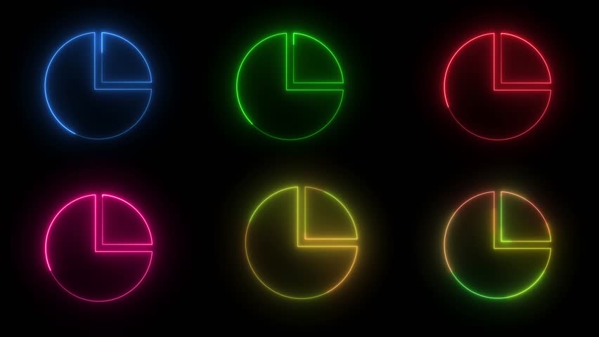 Neon pie chart icon animation set, glowing data visualization bundle, colorful analytics symbols, modern business infographic collection
