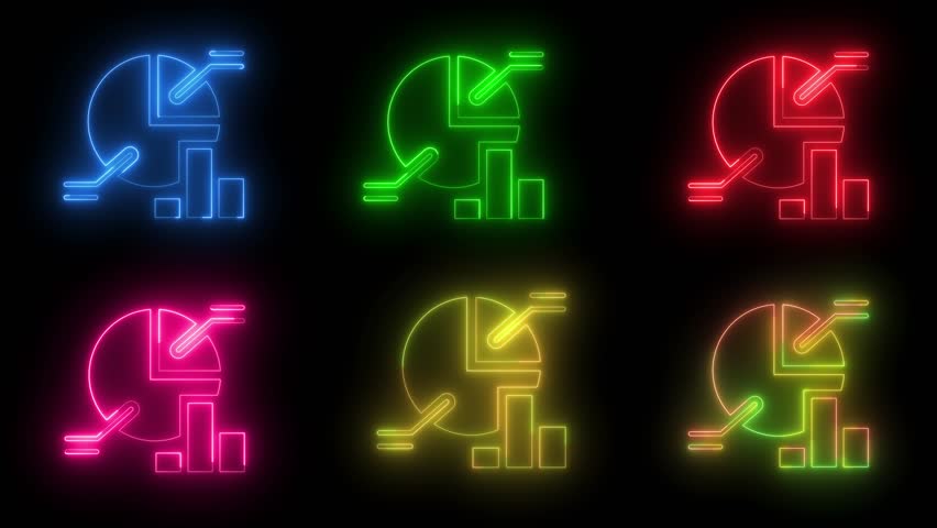 Neon analytics icon animation bundle, glowing chart and graph set, colorful business data visualization symbols, modern infographic collection