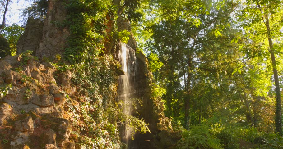 Cascades On The Rocky Mountains In The Jardin des Plantes in Toulouse, France. Wide Shot