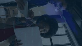 Animation of graphs, trading boards, map over diverse coworkers discussing reports on laptop. Digital composite, multiple exposure, report, business, stock market, global, teamwork and technology. - Powered by Shutterstock - Get 15% off with code: PIKWIZARD15