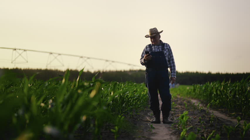 Old farm worker using mobile phone in field, controlling new watering system. Calm rural scenery with senior agronomist in denim overall, rubber boots and straw hat, ecological farming and agronomy