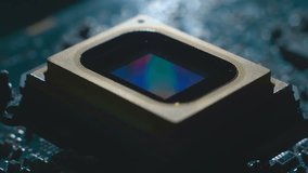 A vertical and horizontal scanning ray passes through the video matrix located on the printed circuit board. Closeup. Macro. Shallow depth of field - Powered by Shutterstock - Get 15% off with code: PIKWIZARD15