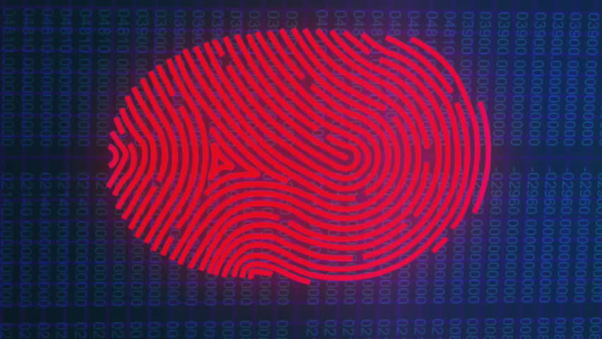 Animation of data processing and fingerprint over binary coding. Global business and digital interface concept digitally generated video.