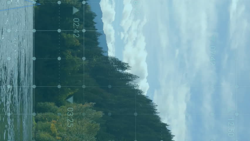 Financial data and health monitoring animation over scenic lake and forest landscape. Finance, nature, technology, analytics, graphs, environment - Powered by Shutterstock - Get 15% off with code: PIKWIZARD15