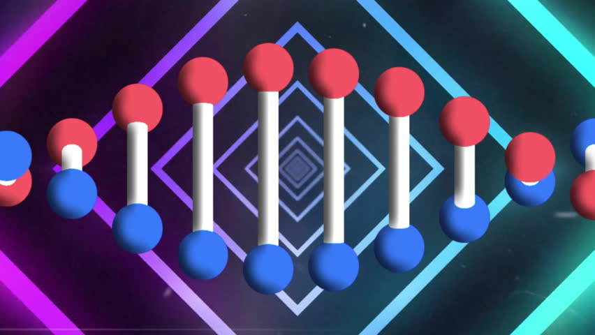 DNA strand with neon geometric shapes, displaying scientific data animation. Biotechnology, genetics, molecular, futuristic, 3D, visualization - Powered by Shutterstock - Get 15% off with code: PIKWIZARD15