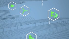 Animation of eco icons and data processing over modern office buildings. Global computing, digital interface and data processing concept digitally generated video. - Powered by Shutterstock - Get 15% off with code: PIKWIZARD15