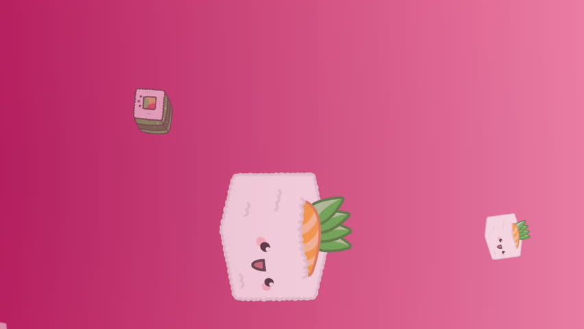 Animation of diverse cartoon sushi floating on pink background. cuisine, food preparation and catering digitally generated video.