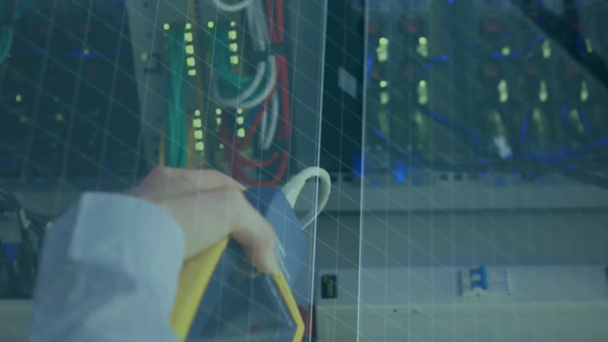 Connecting cables in server room, data processing animation over tech equipment. Technology, networking, infrastructure, data center, IT, cybersecurity - Powered by Shutterstock - Get 15% off with code: PIKWIZARD15