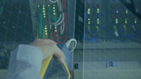 Connecting cables in server room, data processing animation over tech equipment. Technology, networking, infrastructure, data center, IT, cybersecurity - Powered by Shutterstock - Get 15% off with code: PIKWIZARD15