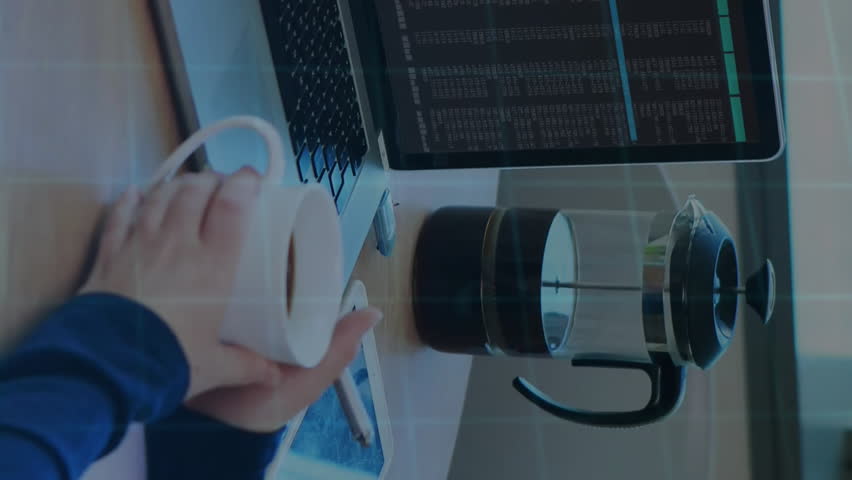 6G technology animation over person working with laptop and coffee at desk. innovation, wireless, connectivity, digital, future, communication - Powered by Shutterstock - Get 15% off with code: PIKWIZARD15