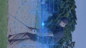 Swinging club, golfer with animation of digital data and graphs on screen. sports, data analysis, technology, innovation, virtual reality, performance - Powered by Shutterstock - Get 15% off with code: PIKWIZARD15