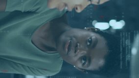 Two people discussing in office with data processing animation overlay. Business, technology, teamwork, collaboration, innovation, analysis - Powered by Shutterstock - Get 15% off with code: PIKWIZARD15