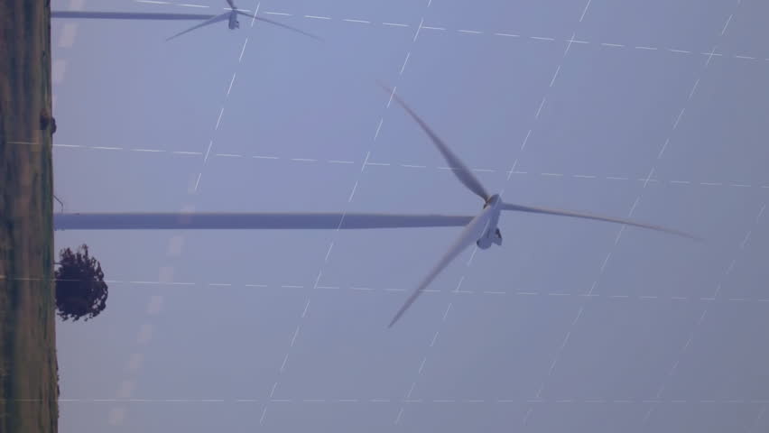 Wind turbines in landscape with financial data processing animation overlay. Renewable, energy, sustainability, environment, clean, technology - Powered by Shutterstock - Get 15% off with code: PIKWIZARD15