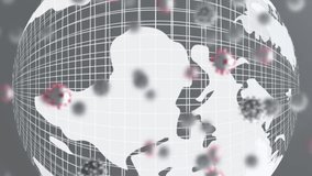 Animation of macro Covid-19 cells floating on grey background with a globe model. Coronavirus Covid-19 pandemic concept digital composite. - Powered by Shutterstock - Get 15% off with code: PIKWIZARD15
