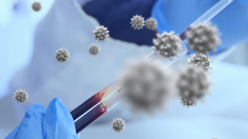 Animation of floating macro Covid-19 cells over doctor taking sample and wearing medical gloves in lab. Medical staff during Covid-19 coronavirus pandemic concept.