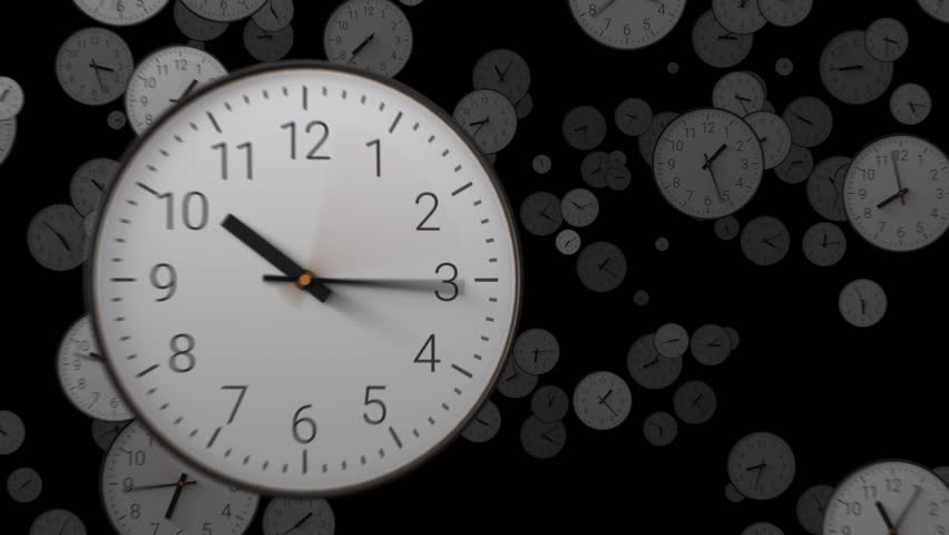 Multiple clocks with fast-spinning hands fly chaotically toward the camera in a time-lapse. Concept of the rapid, uncontrollable passage of time and urgency, deadlines, and time pressure