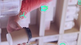 Animation of icons and data processing over woman with payment terminal in cafe. Global business, finance, computing and data processing concept digitally generated video. - Powered by Shutterstock - Get 15% off with code: PIKWIZARD15