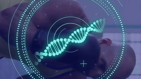 Animation of data processing and scope scanning with dna strand over caucasian male boxer. Global sport and digital interface concept digitally generated video. - Powered by Shutterstock - Get 15% off with code: PIKWIZARD15