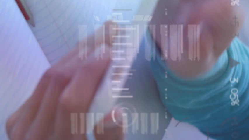 Animation of digital interface with data, icons and charts moving over smiling male student using a tablet computer and wearing headphones. Global digital network and education digital composite. - Powered by Shutterstock - Get 15% off with code: PIKWIZARD15