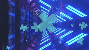 Animation of abstract shapes over blue neon tunnel. Global connections, cloud computing, digital interface and data processing concept digitally generated video. - Powered by Shutterstock - Get 15% off with code: PIKWIZARD15