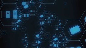 Animation of medical icons and dna strand on black background. Global medicine and digital interface concept digitally generated video. - Powered by Shutterstock - Get 15% off with code: PIKWIZARD15