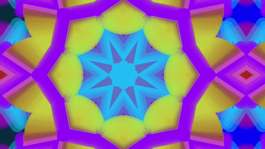 Animation of kaleidoscope abstract multi coloured shapes moving in seamless loop in hypnotic motion on blue background. Colour and movement concept digitally generated image.