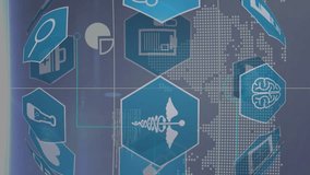 Animation of ball made of medical icons spinning with graphs rolling over a world map. digital interface global connections concept digitally generated video. - Powered by Shutterstock - Get 15% off with code: PIKWIZARD15