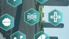 Animation of medical icons over woman jogging in a park. Digital interface global sport and performance concept digitallygenerated video. - Powered by Shutterstock - Get 15% off with code: PIKWIZARD15