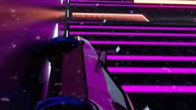 Animation of circular scanner over futuristic car driving through neon city at night. Connection, data, transport, driverless car, digital interface and communication, digitally generated video. - Powered by Shutterstock - Get 15% off with code: PIKWIZARD15