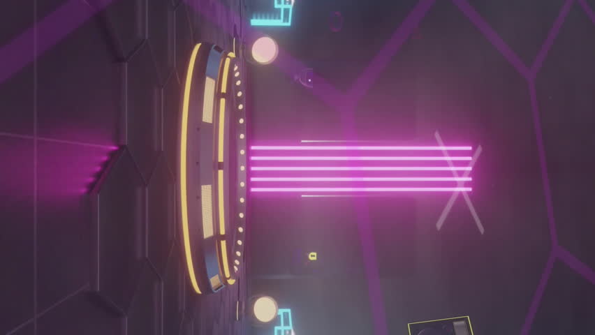 Animation of colourful circular scanner processing over podium in dark room with neon lights. Network, data, connection, display, digital interface and communication, digitally generated video. - Powered by Shutterstock - Get 15% off with code: PIKWIZARD15