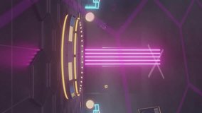 Animation of colourful circular scanner processing over podium in dark room with neon lights. Network, data, connection, display, digital interface and communication, digitally generated video. - Powered by Shutterstock - Get 15% off with code: PIKWIZARD15