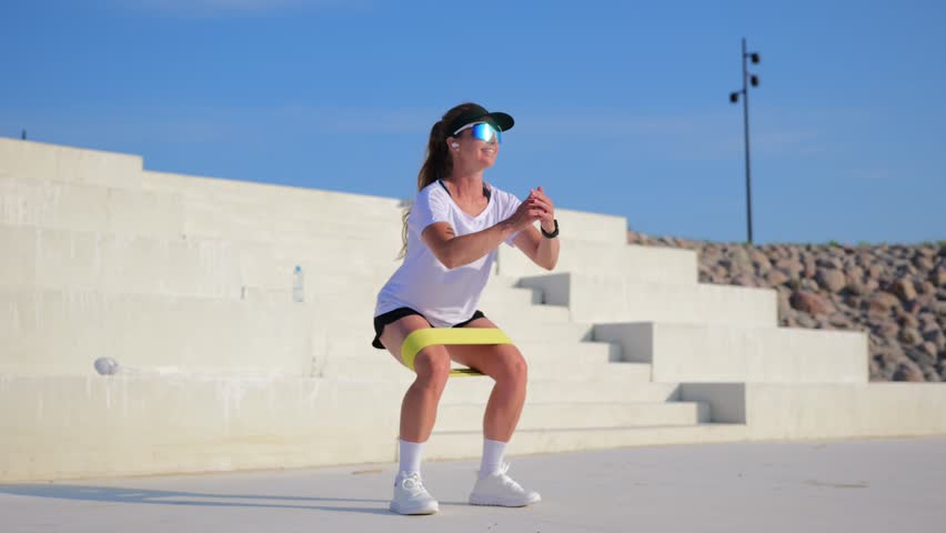 Fitness enthusiast performs squats on outdoor steps with resistance band