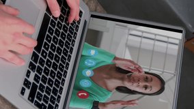 Animation of speech bubble with thumbs up and numbers growing over woman using laptop on video call. Digital interface global social media and communication concept digitally generated video. - Powered by Shutterstock - Get 15% off with code: PIKWIZARD15