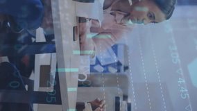 Animation of graphs, trading board, loading circles, diverse coworkers discussing during lunch break. Digital composite, multiple exposure, report, stock market, food and business concept. - Powered by Shutterstock - Get 15% off with code: PIKWIZARD15