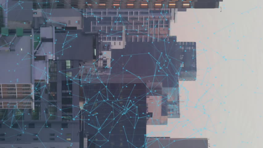 Animation of shapes and fingerprint over cityscape. Global business, city and digital interface concept, digitally generated video.