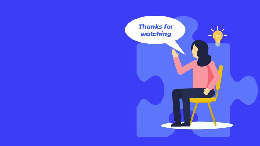 Animated end screen, Female host waves goodbye,Thanks for watching,in speech bubble. Features lightbulb for ideas and puzzle piece on blue background.