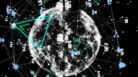 Animation of neon triangular shapes over globe of network of connections against black background. Global networking and business technology concept - Powered by Shutterstock - Get 15% off with code: PIKWIZARD15