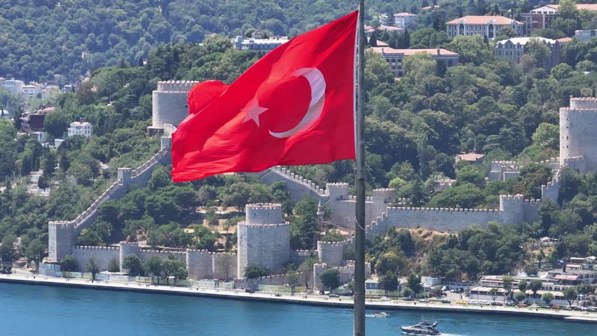 Turkish Flag and Rumeli Fortress (Rumelihisarı) Drone Video, Otagtepe Kavacik, Beykoz Istanbul, Turkiye (Turkey)