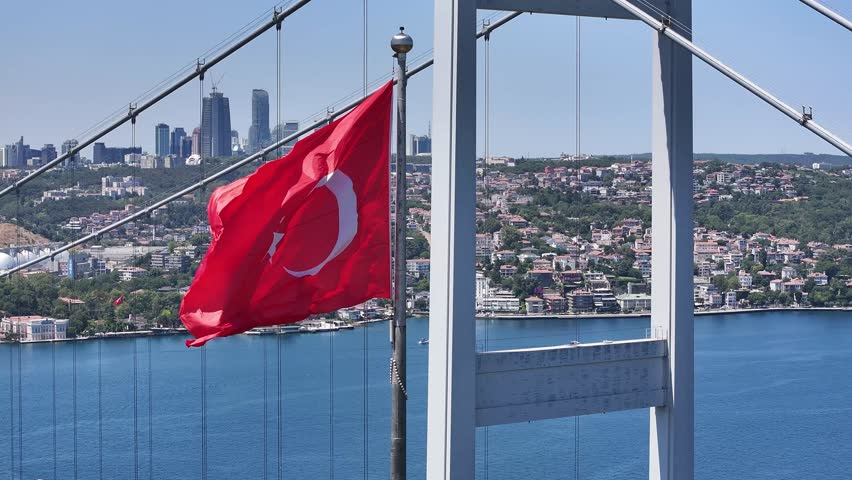 Turkish Flag and Fatih Sultan Mehmet Bridge Drone Video, Otagtepe Kavacik, Beykoz Istanbul, Turkiye (Turkey)