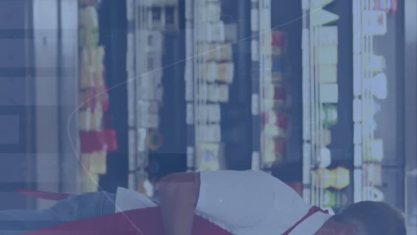 Animation of data processing against portrait of caucasian female worker smiling at grocery store. Retail business and data technology concept - Powered by Shutterstock - Get 15% off with code: PIKWIZARD15