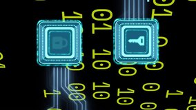 Animation of key, padlock icons, binary coding over circuit board on black background. Global connections, computing and data processing concept digitally generated video. - Powered by Shutterstock - Get 15% off with code: PIKWIZARD15