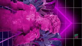 Glitching pink statue with neon geometric shapes and leaves in retro animation. Abstract, surreal, futuristic, digital art, vibrant, modern - Powered by Shutterstock - Get 15% off with code: PIKWIZARD15